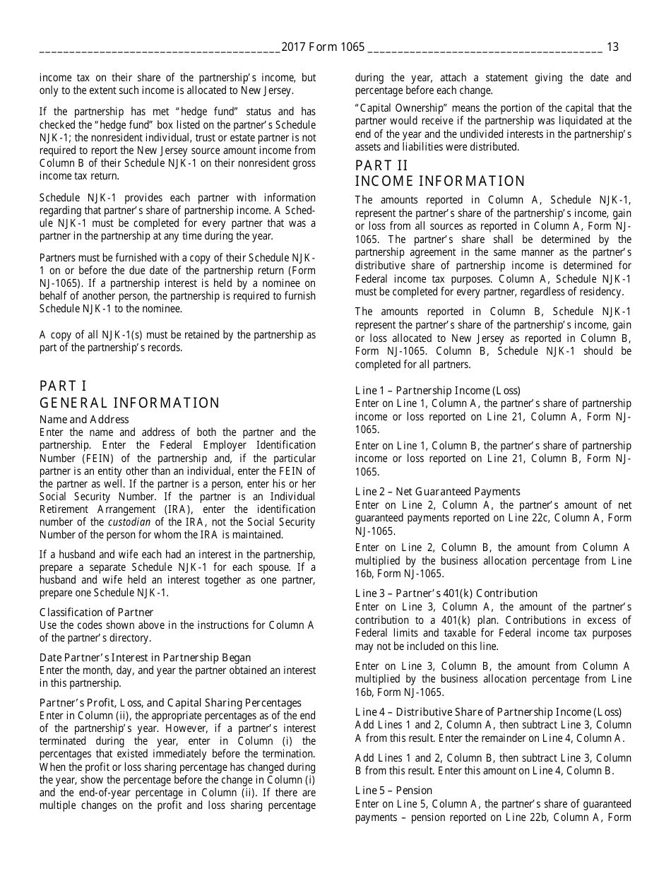 Instructions for Form NJ-1065 Partnership Return and New Jersey Partnershop Njk-1 - New Jersey, Page 13