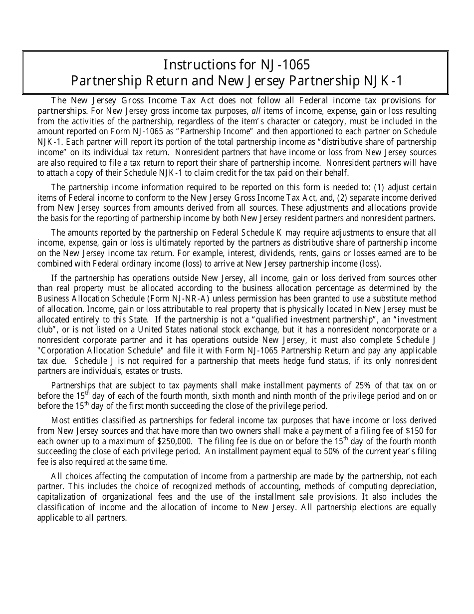 Instructions for Form NJ-1065 Partnership Return and New Jersey Partnershop Njk-1 - New Jersey, Page 1