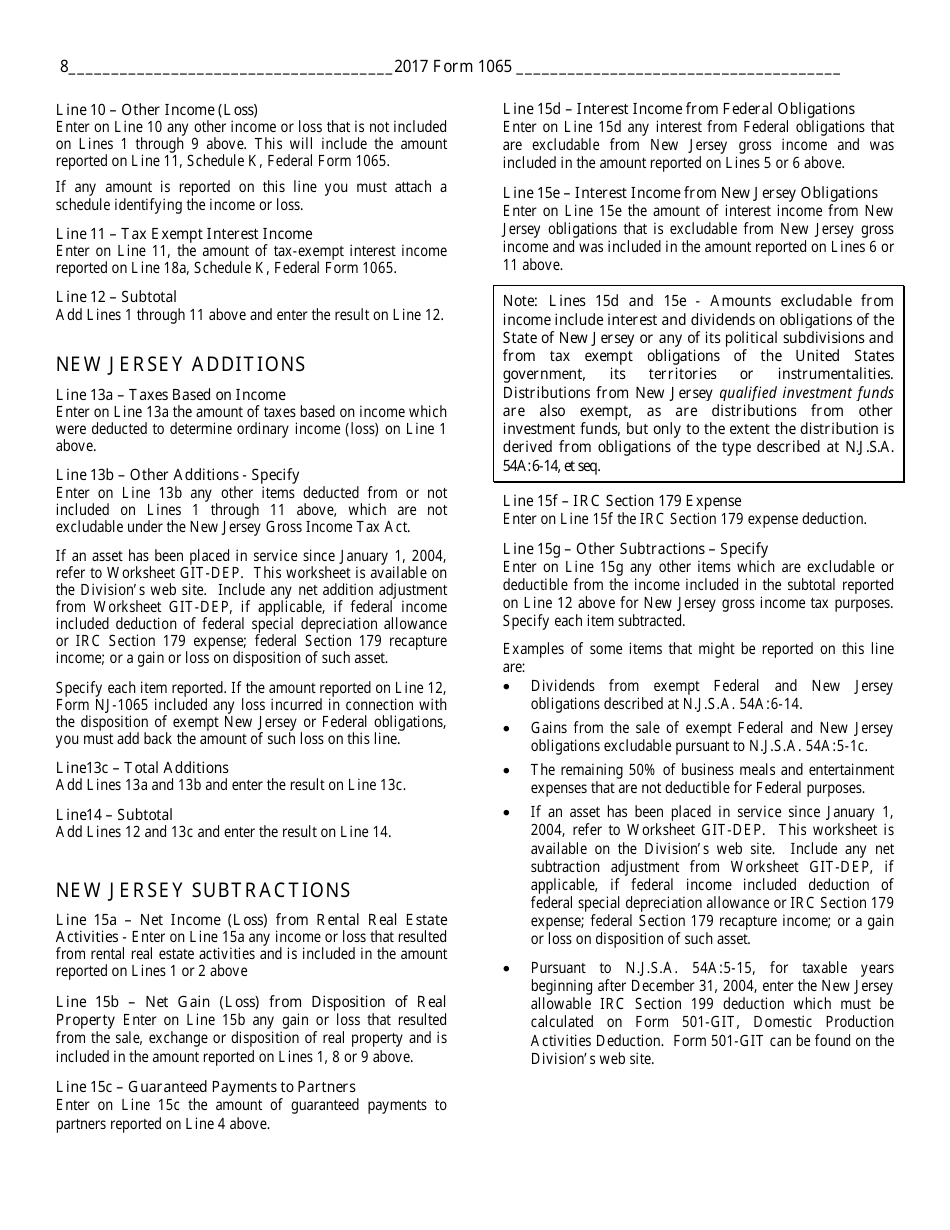 Instructions for Form NJ-1065 Partnership Return and New Jersey Partnershop Njk-1 - New Jersey, Page 8