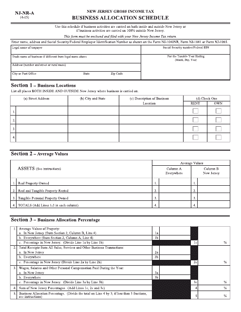 Form NJ 1040NR Schedule NJ NR A Download Fillable PDF Or Fill Online Business Allocation