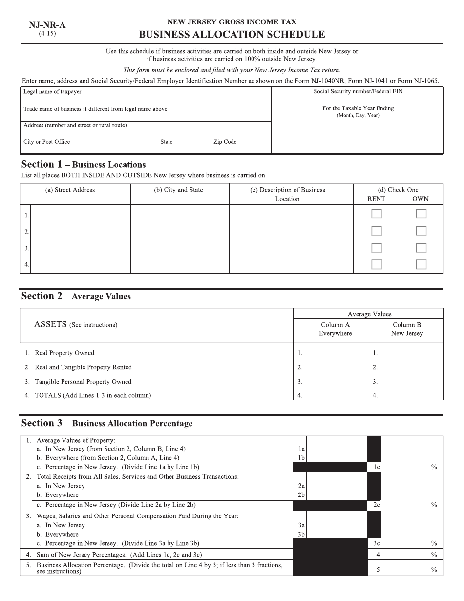 Form NJ-1040NR Schedule NJ-NR-A Business Allocation Schedule - New Jersey, Page 1