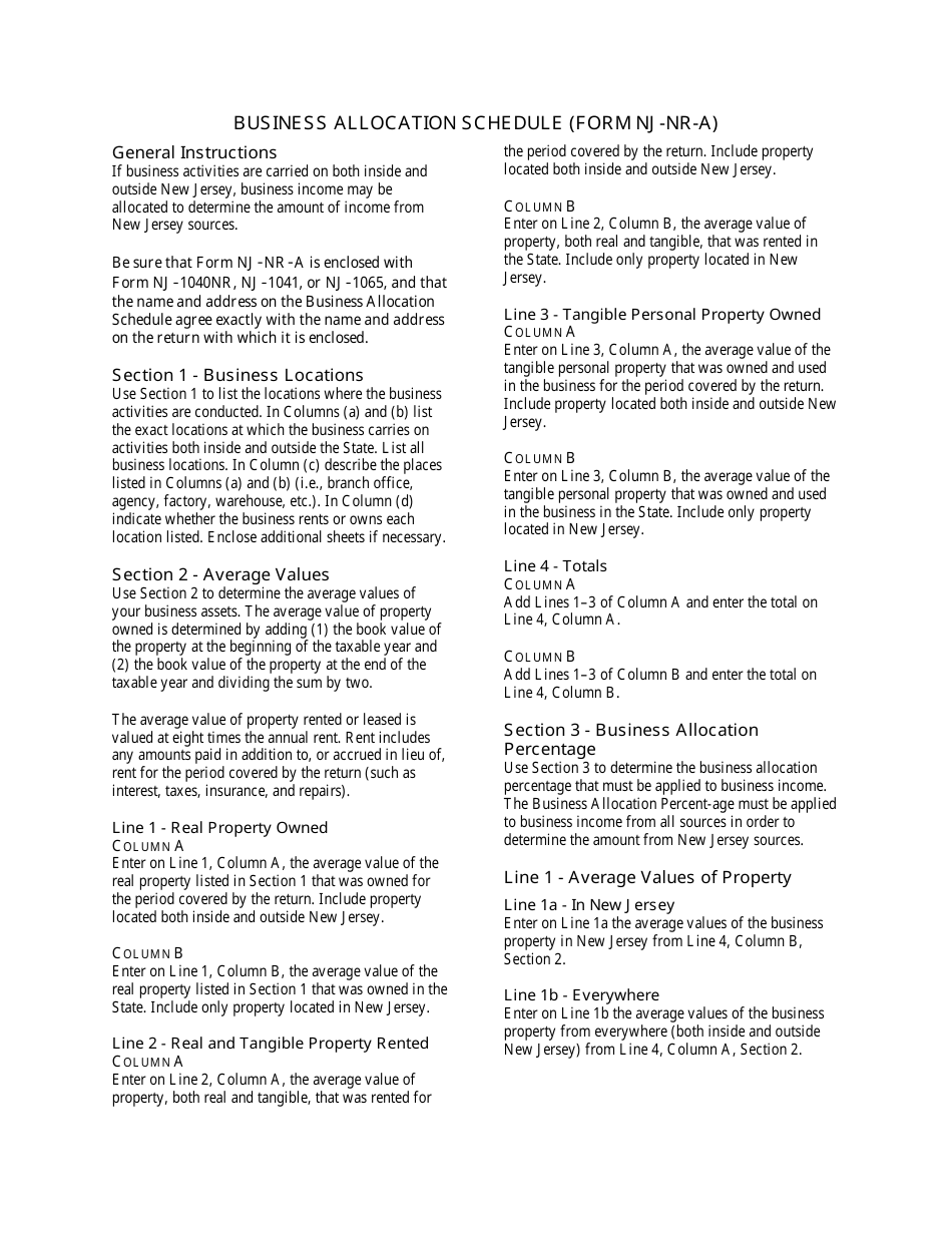 Form NJ-1040NR Schedule NJ-NR-A Business Allocation Schedule - New Jersey, Page 2