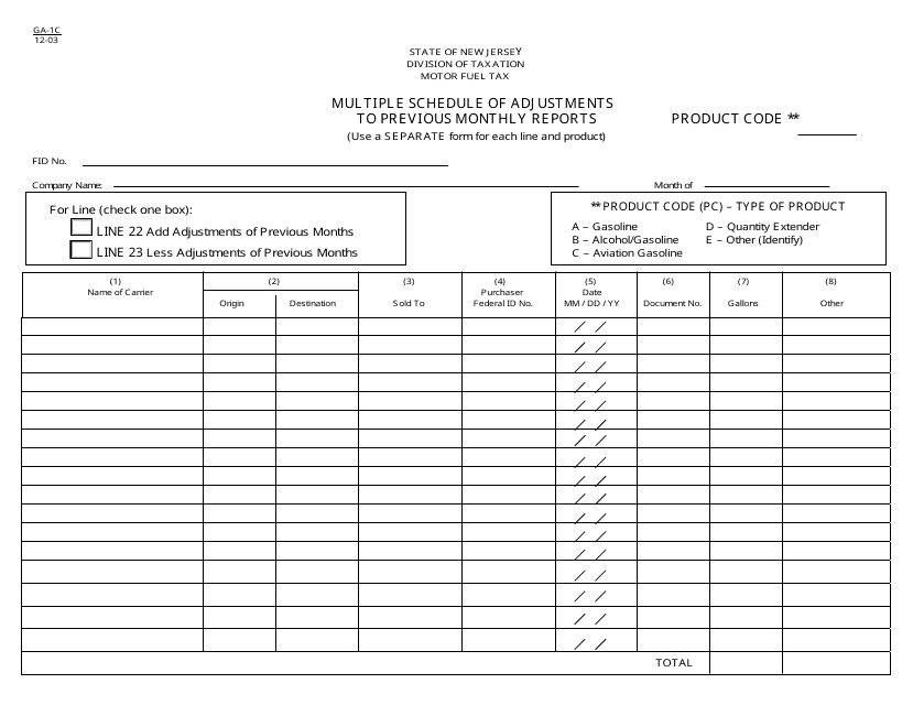 Form GA-1C Multiple Schedule of Adjustments to Previous Monthly Reports - New Jersey