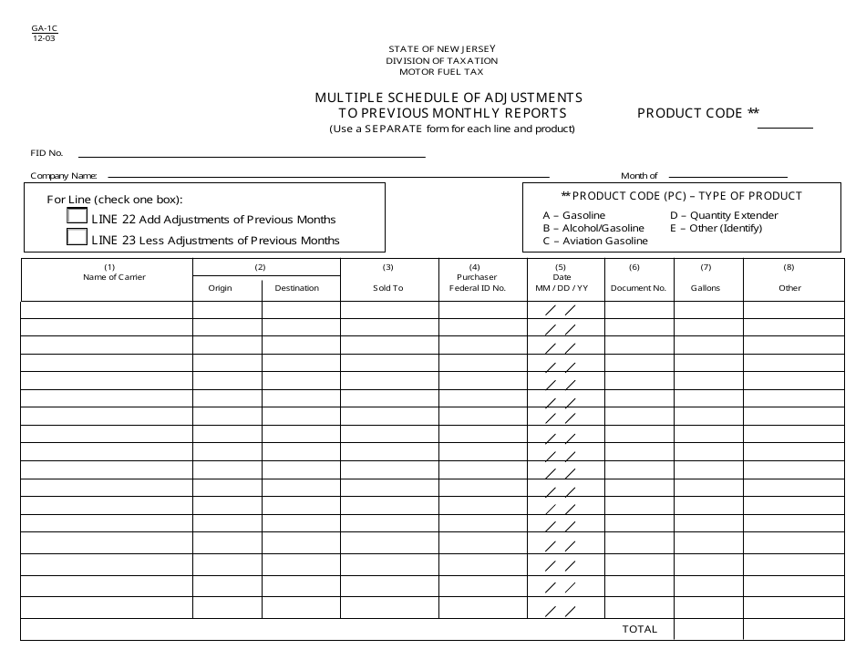 Form GA-1C Multiple Schedule of Adjustments to Previous Monthly Reports - New Jersey, Page 1