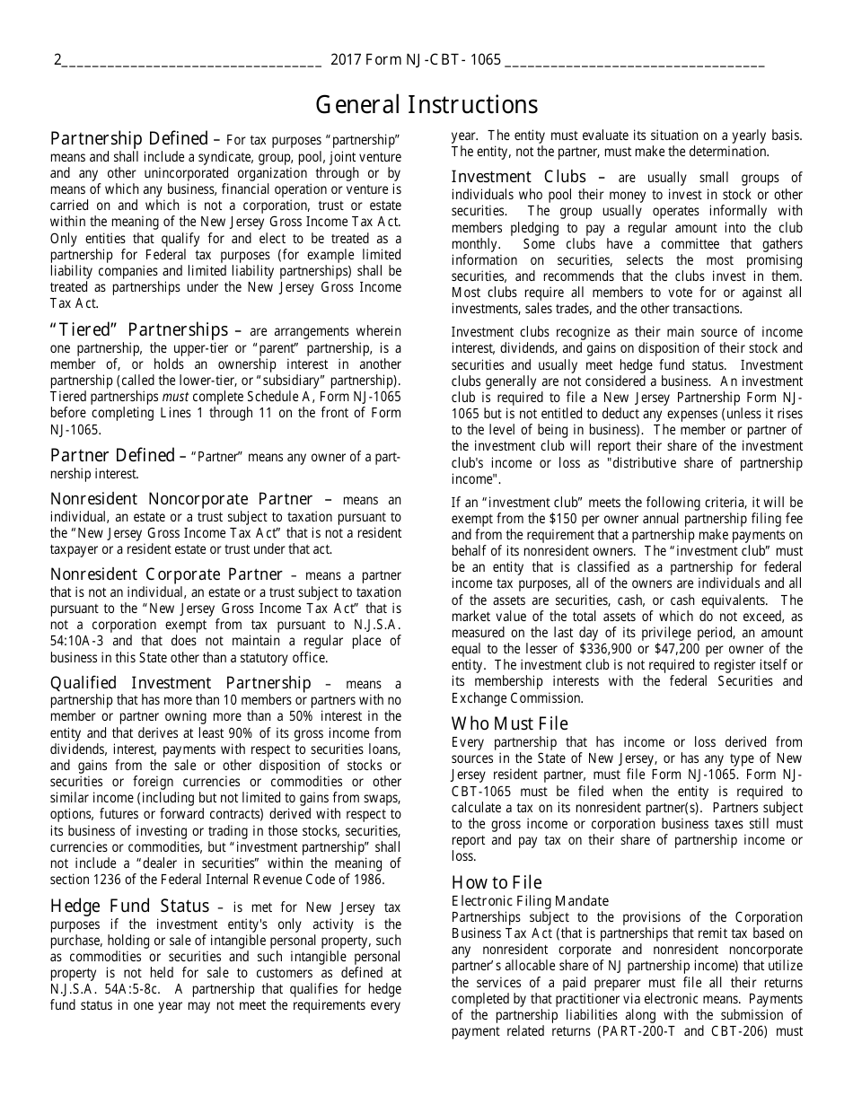 Instructions for Form NJ-CBT-1065 Partnership Return - Corporation Business Tax - New Jersey, Page 2