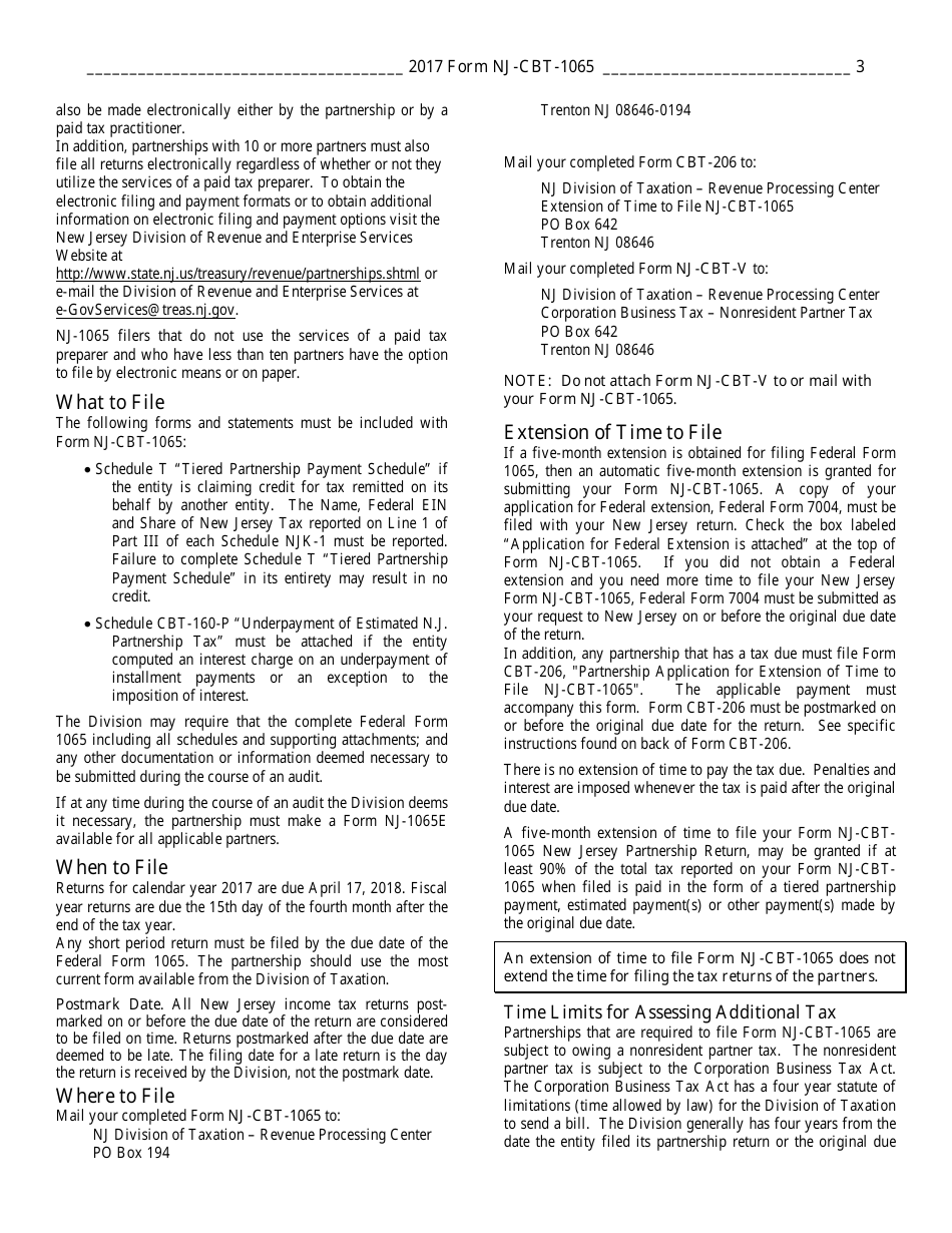 Instructions for Form NJ-CBT-1065 Partnership Return - Corporation Business Tax - New Jersey, Page 3