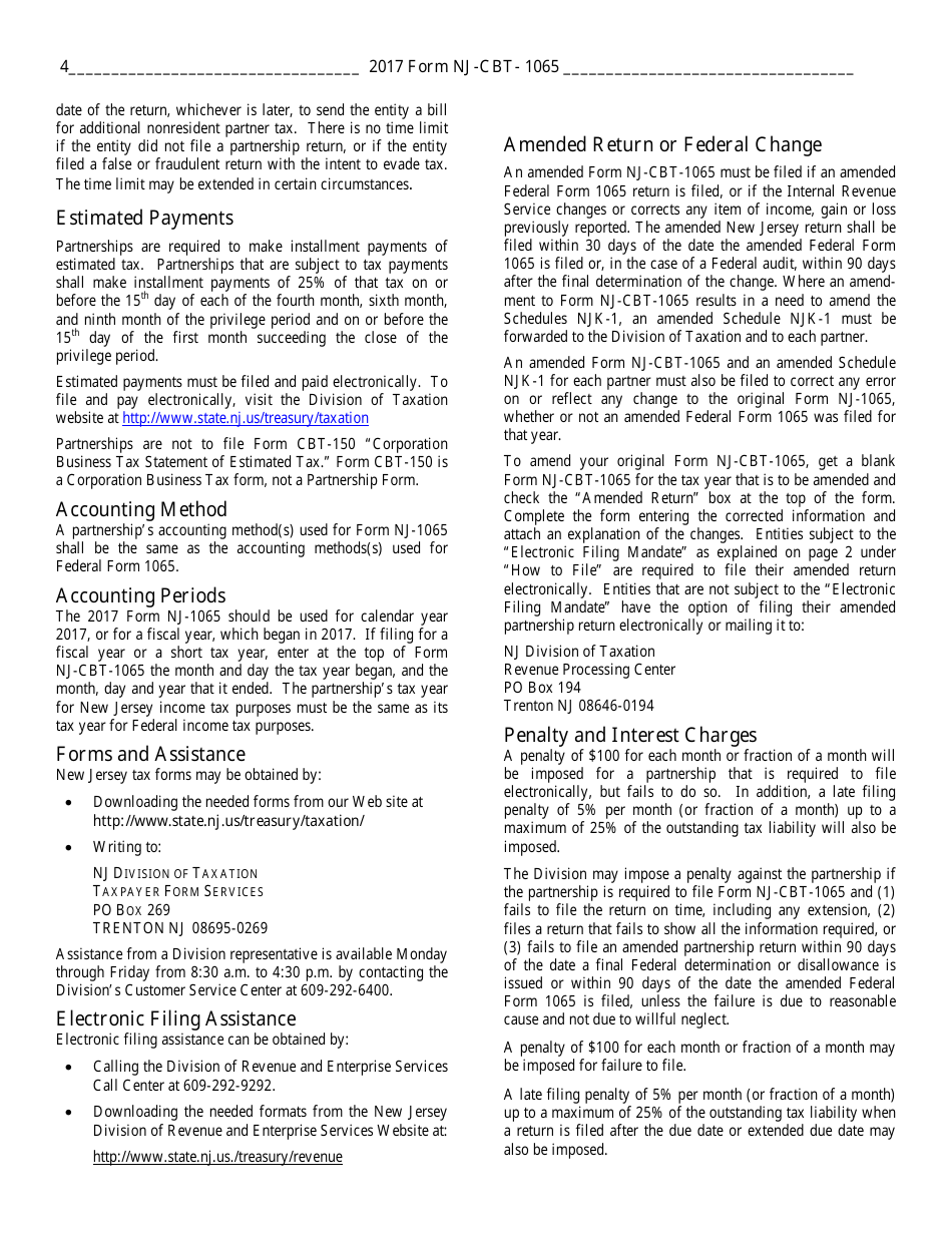 Instructions for Form NJ-CBT-1065 Partnership Return - Corporation Business Tax - New Jersey, Page 4