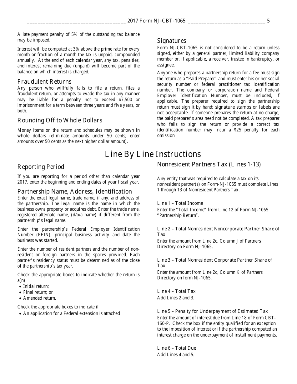 Instructions for Form NJ-CBT-1065 Partnership Return - Corporation Business Tax - New Jersey, Page 5