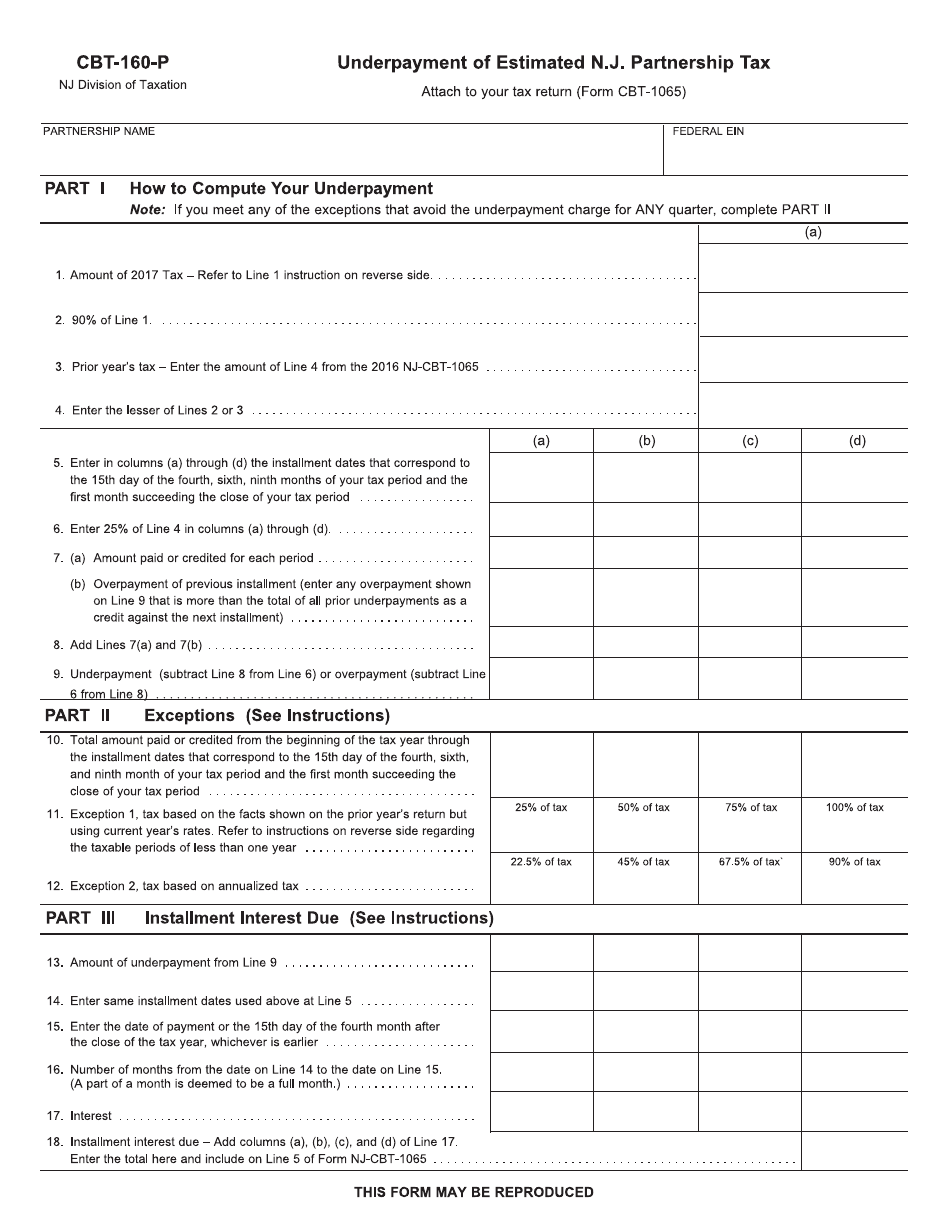 Form CBT-160-P Underpayment of Estimated N.j. Partnership Tax - New Jersey, Page 1