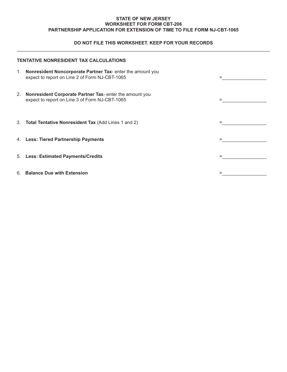 Worksheet for Form Cbt-206 - Partnership Application for Exension of Time to File Form Nj-Cbt-1065 - New Jersey, Page 1