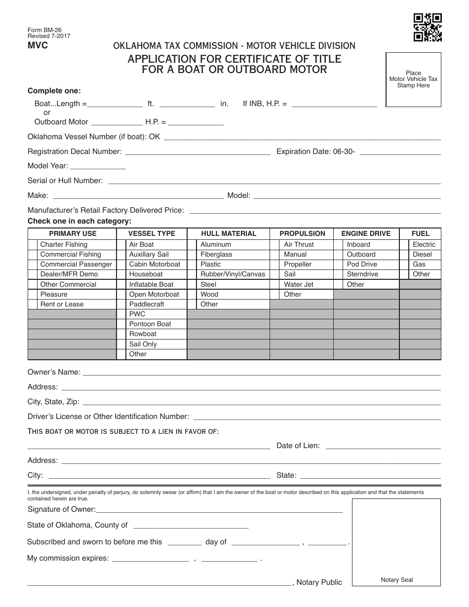 OTC Form BM-26 Application for Certificate of Title for a Boat or Outboard Motor - Oklahoma, Page 1