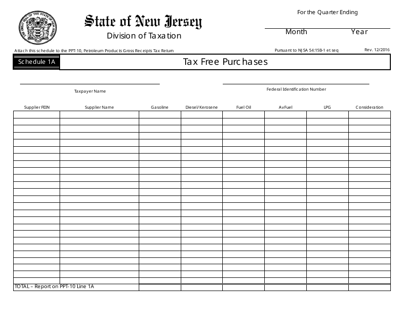 Form PPT-10 Schedule 1A Tax Free Purchases - New Jersey