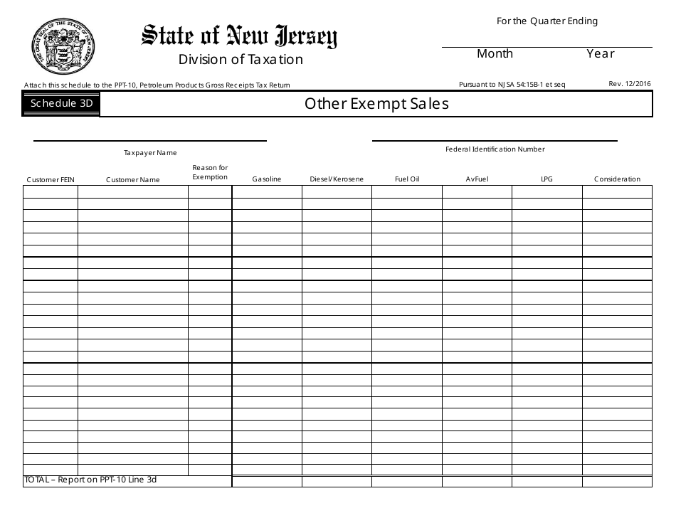 Form PPT-10 Schedule 3D Other Exempt Sales - New Jersey, Page 1