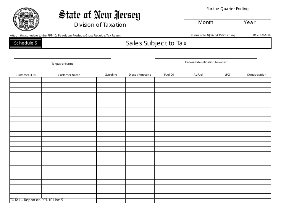 Form PPT-10 Schedule 5 Sales Subject to Tax - New Jersey, Page 1