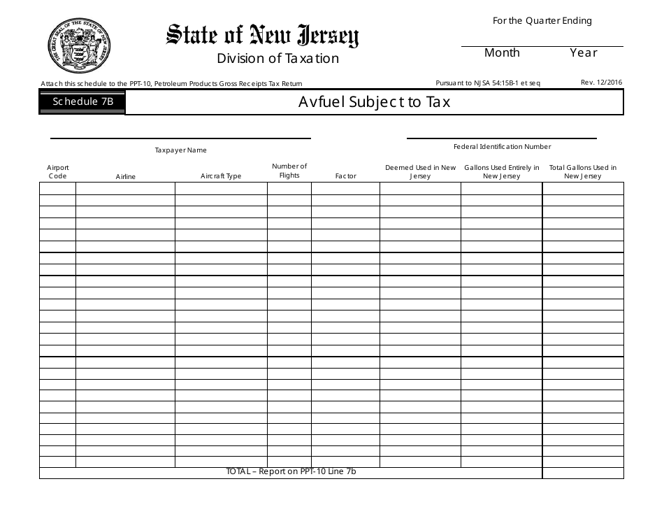 Form PPT-10 Schedule 7B Avfuel Subject to Tax - New Jersey, Page 1