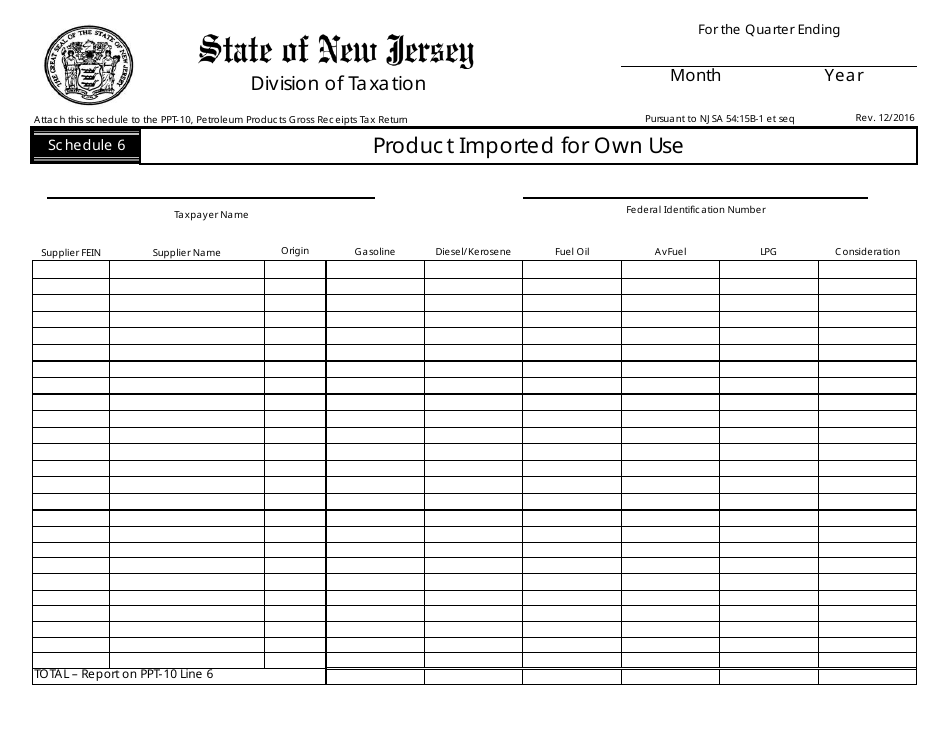 Form PPT-10 Schedule 6 Product Imported for Own Use - New Jersey, Page 1