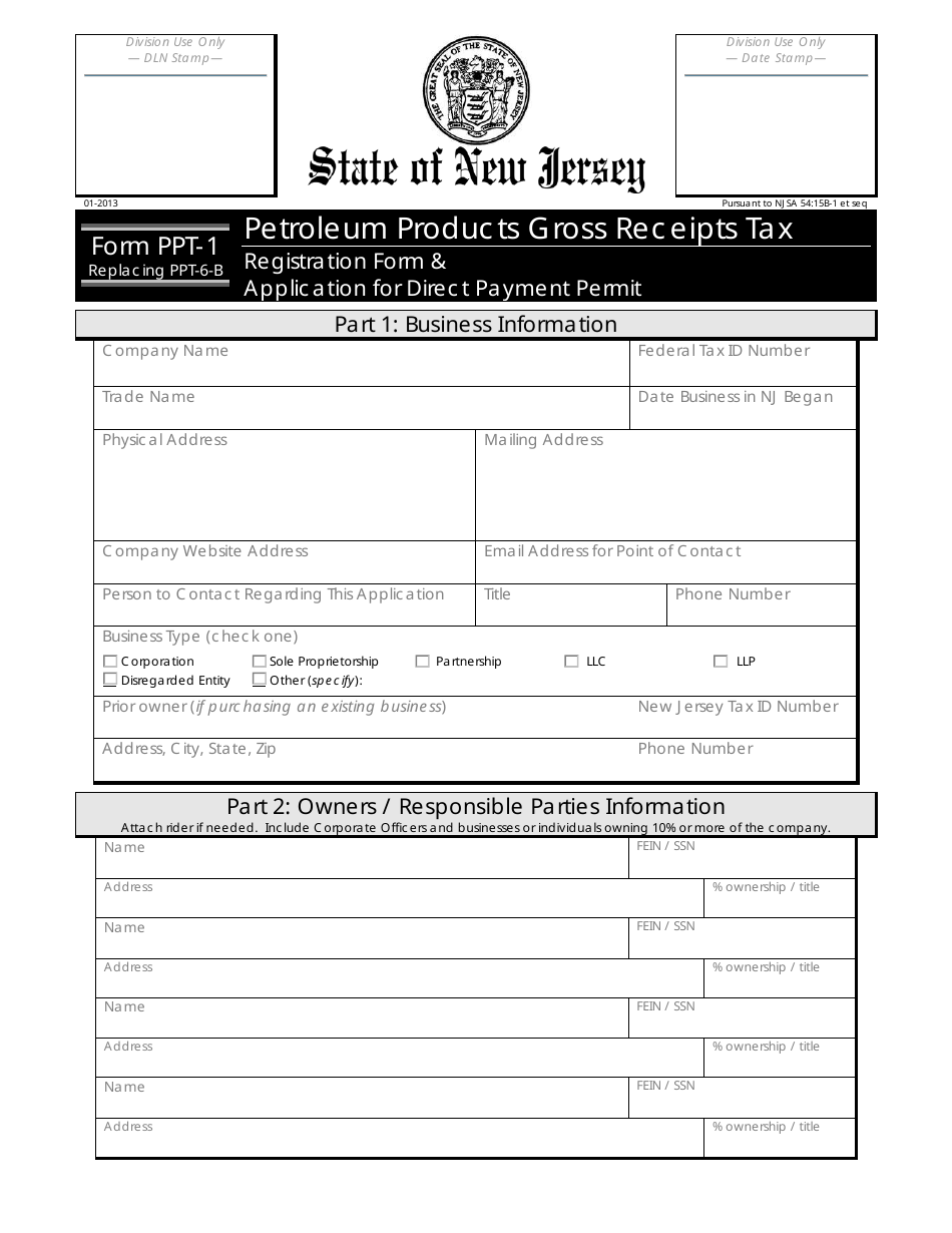 Form PPT-1 Petroleum Products Gross Receipts Tax - New Jersey, Page 1