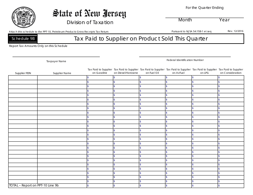Form PPT-10 Schedule 9B Tax Paid to Supplier on Product Sold This Quarter - New Jersey