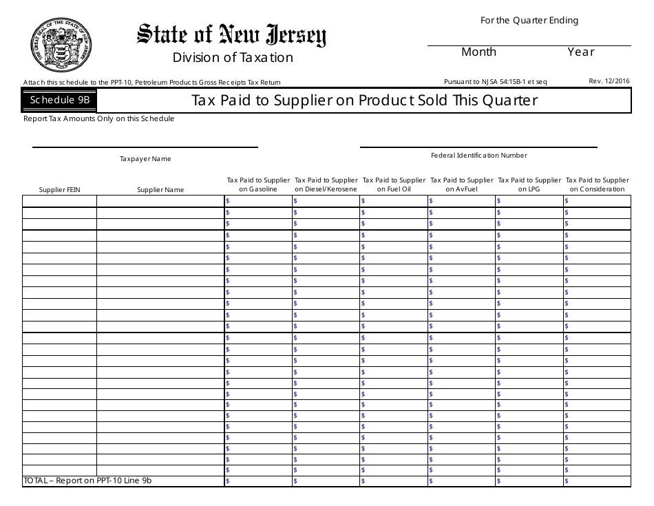 Form PPT-10 Schedule 9B Tax Paid to Supplier on Product Sold This Quarter - New Jersey, Page 1