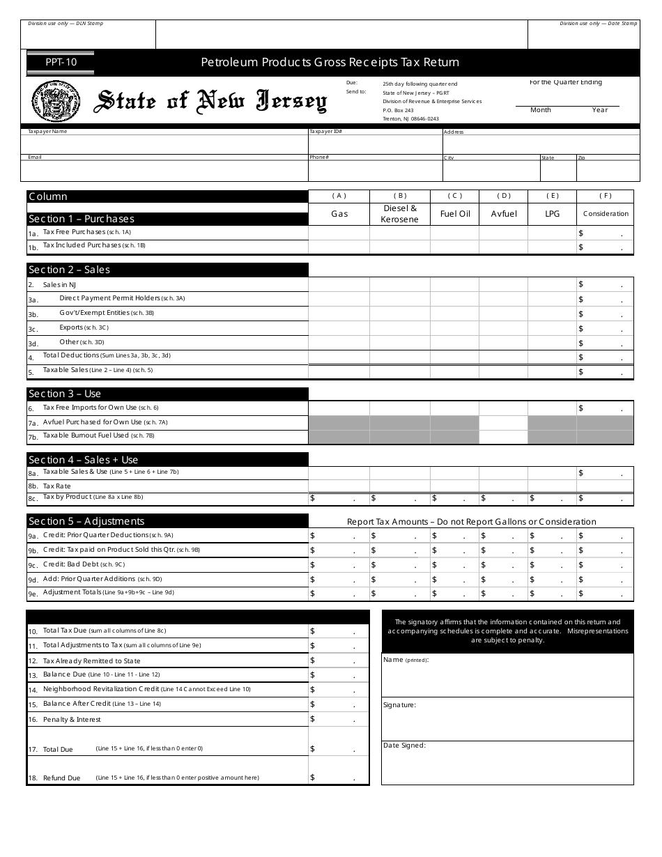Form PPT-10 Petroleum Products Gross Receipts Tax Return - New Jersey, Page 1