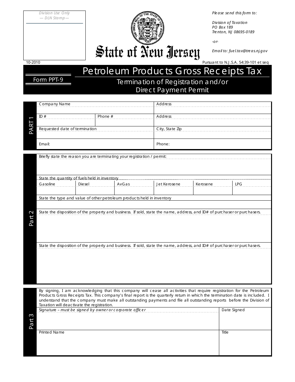 Form PPT-9 Termination of Registration and / or Direct Payment Permit - New Jersey, Page 1