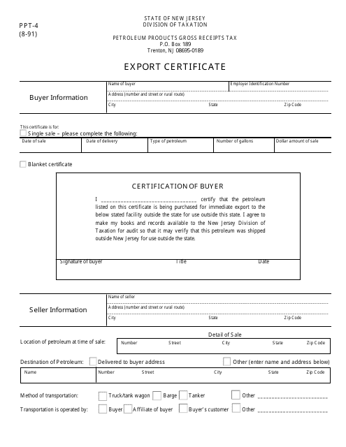 Form PPT-4 Export Certificate - New Jersey