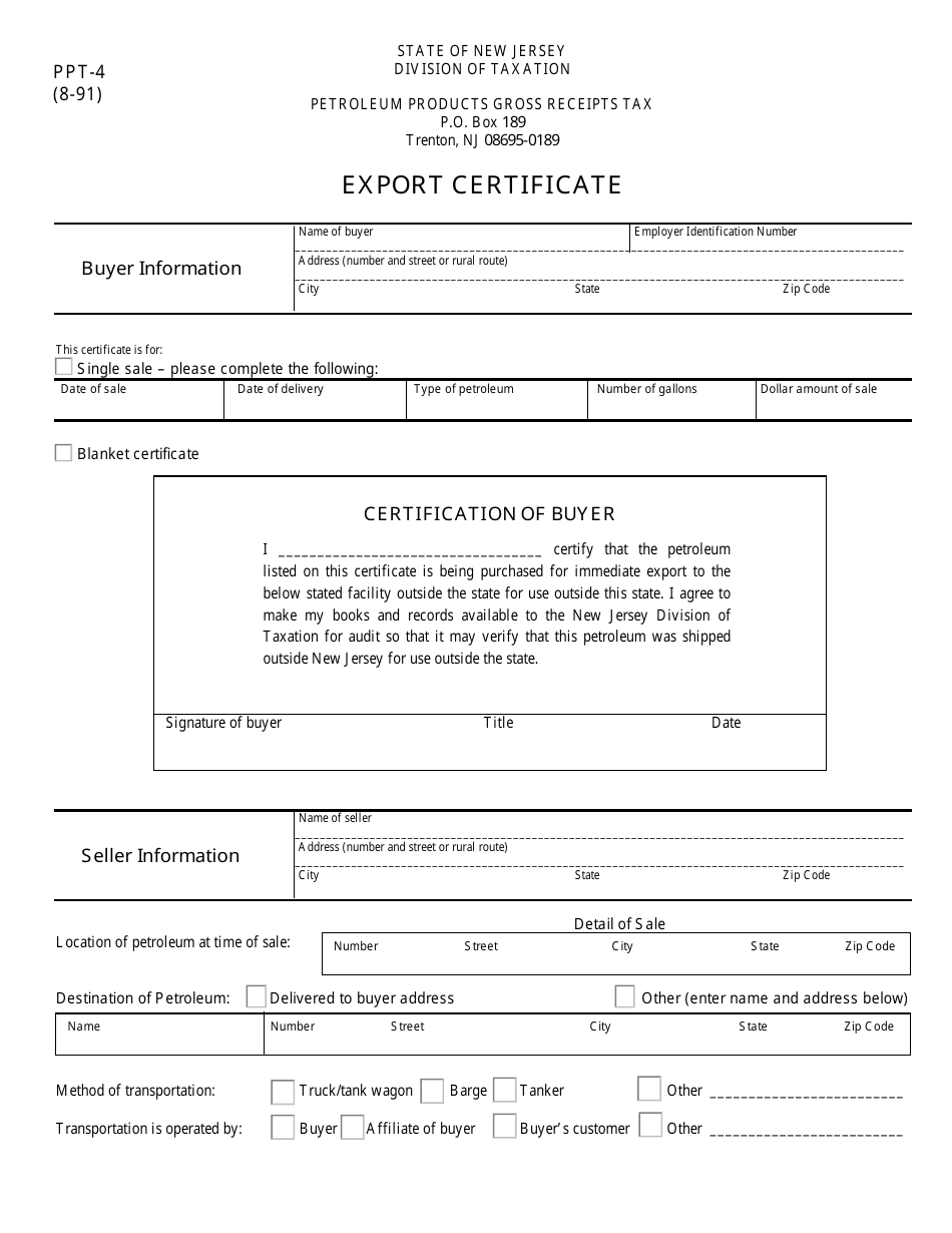 Form PPT-4 Export Certificate - New Jersey, Page 1