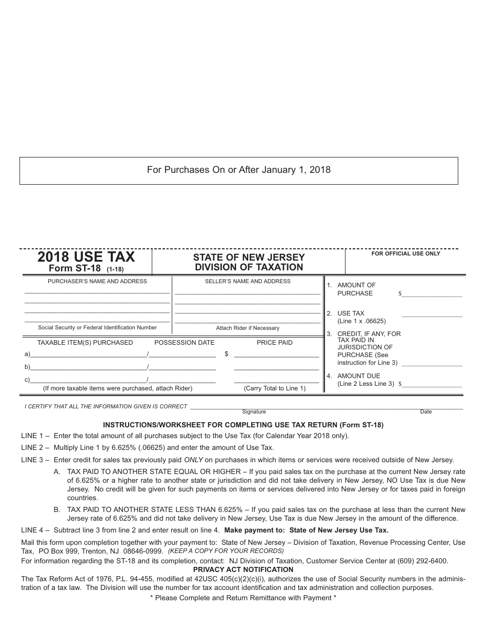 Form ST-18 Use Tax - New Jersey, Page 1