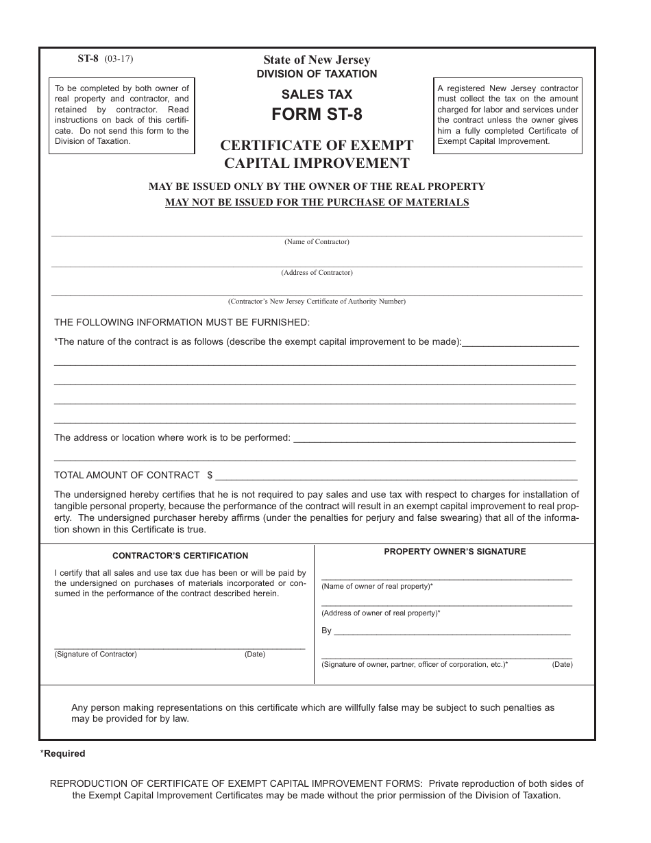 Form ST-8 Certificate of Exempt - Capital Improvement - New Jersey, Page 1