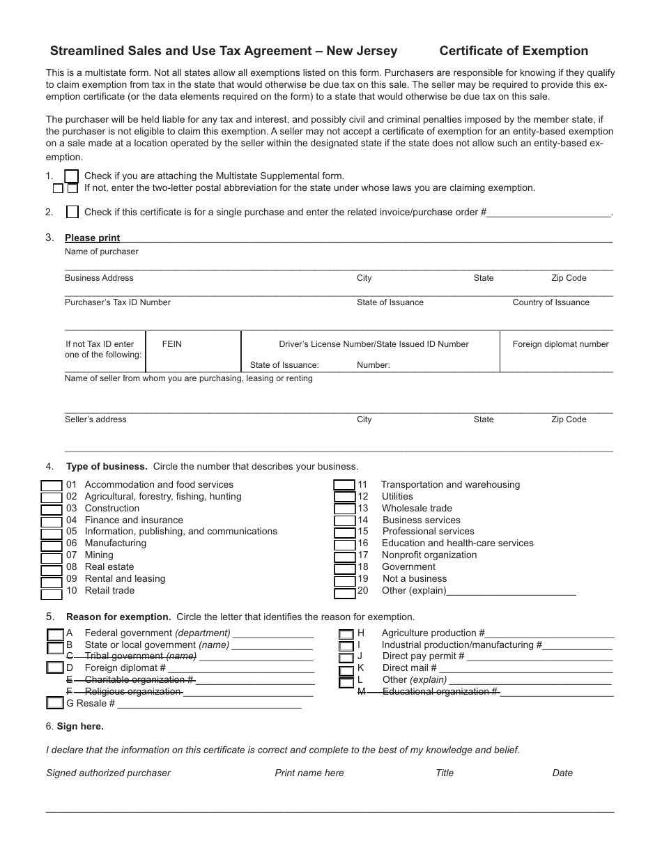 Form ST-SST Streamlined Sales and Use Tax Agreement - Certificate of Exemption - New Jersey, Page 1
