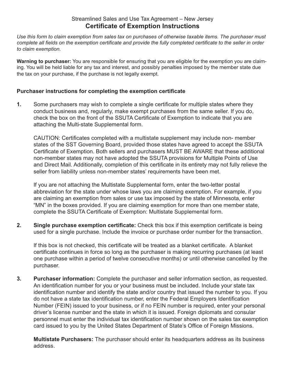 Form ST-SST Streamlined Sales and Use Tax Agreement - Certificate of Exemption - New Jersey, Page 3