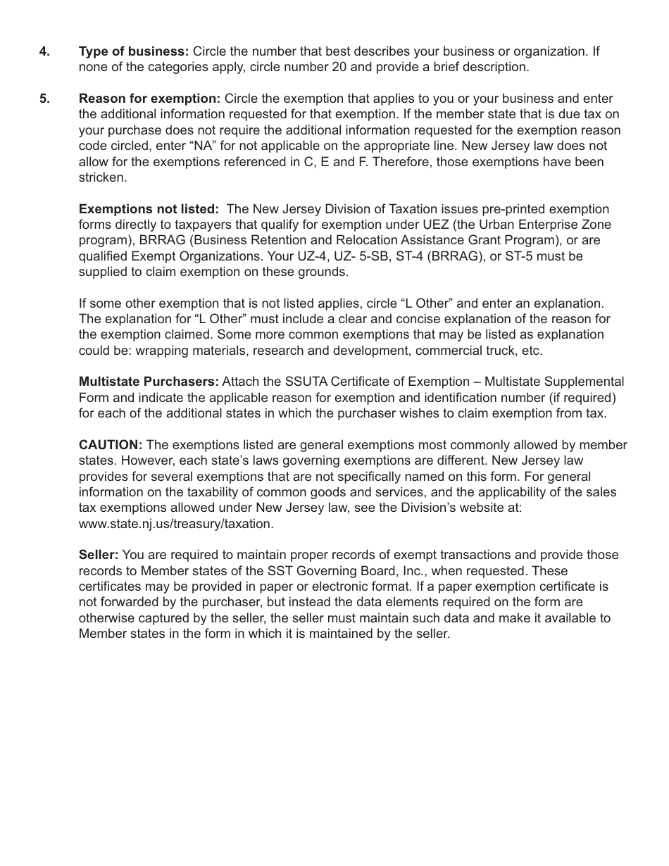 Form ST-SST Streamlined Sales and Use Tax Agreement - Certificate of Exemption - New Jersey, Page 4