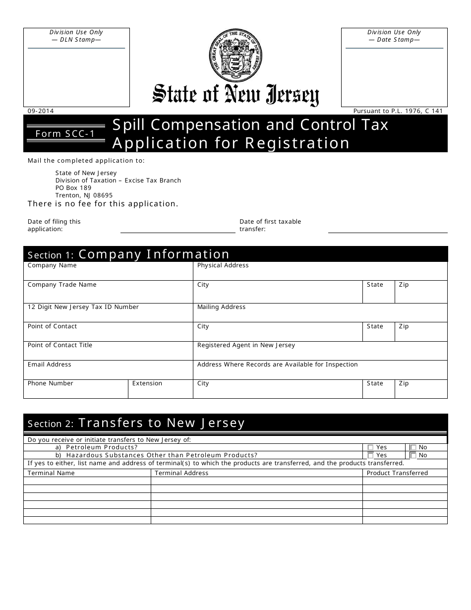 Form SCC-1 Spill Compensation and Control Tax Application for Registration - New Jersey, Page 1