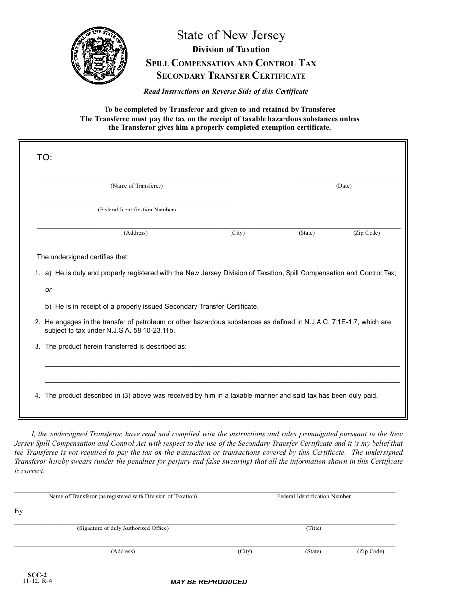 Form SCC-2 Spill Compensation and Control Tax Secondary Transfer Certificate - New Jersey, Page 1