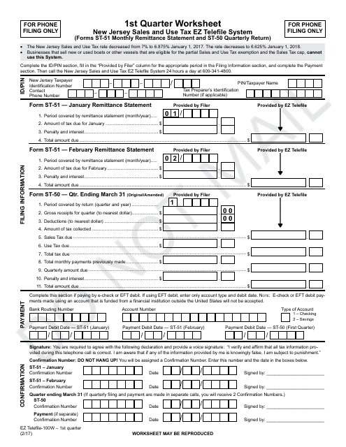1st Quarter Worksheet - New Jersey Sales and Use Tax Ez Telefile System (Forms St-51 Monthly Remittance Statement and St-50 Quarterly Return) - New Jersey Download Pdf