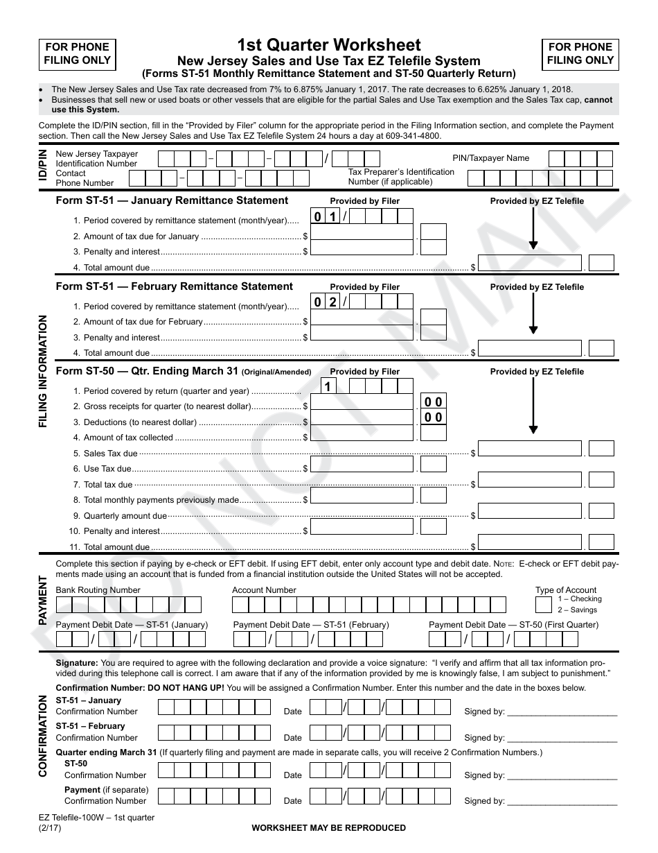 1st Quarter Worksheet - New Jersey Sales and Use Tax Ez Telefile System (Forms St-51 Monthly Remittance Statement and St-50 Quarterly Return) - New Jersey, Page 1
