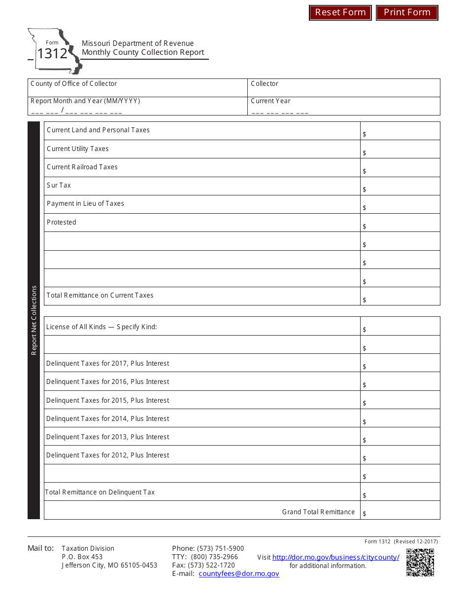 Form 1312 Monthly County Collection Report - Missouri, Page 1