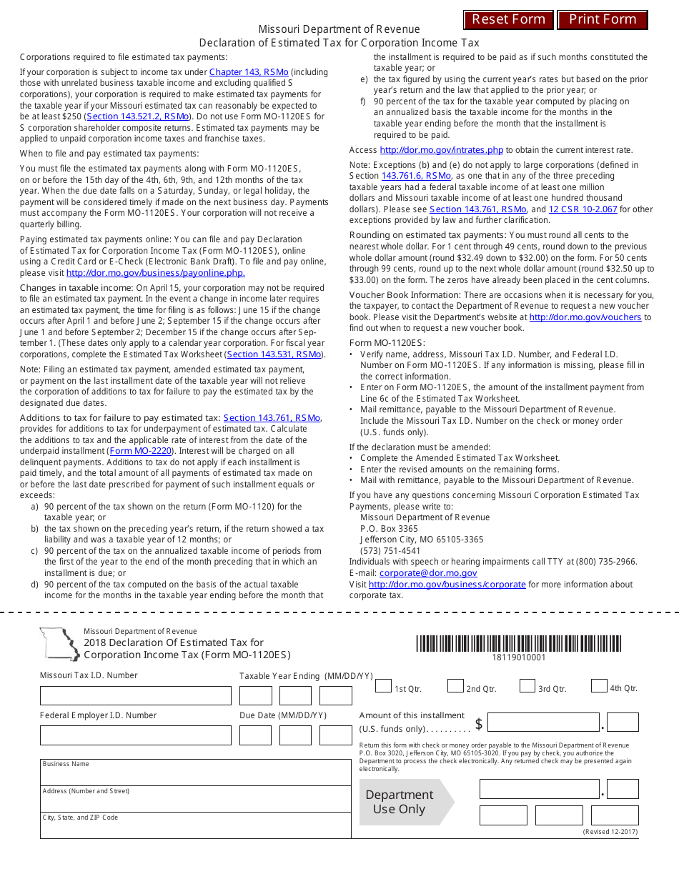 Form MO-1120ES Declaration of Estimated Tax for Corporation Income Tax - Missouri, Page 1