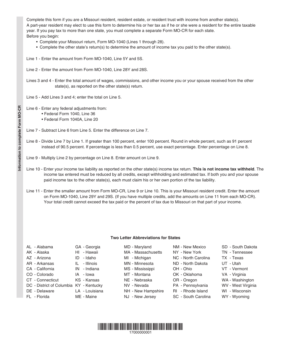 Form MO-CR Credit for Income Taxes Paid to Other States or Political Subdivisions - Missouri, Page 2