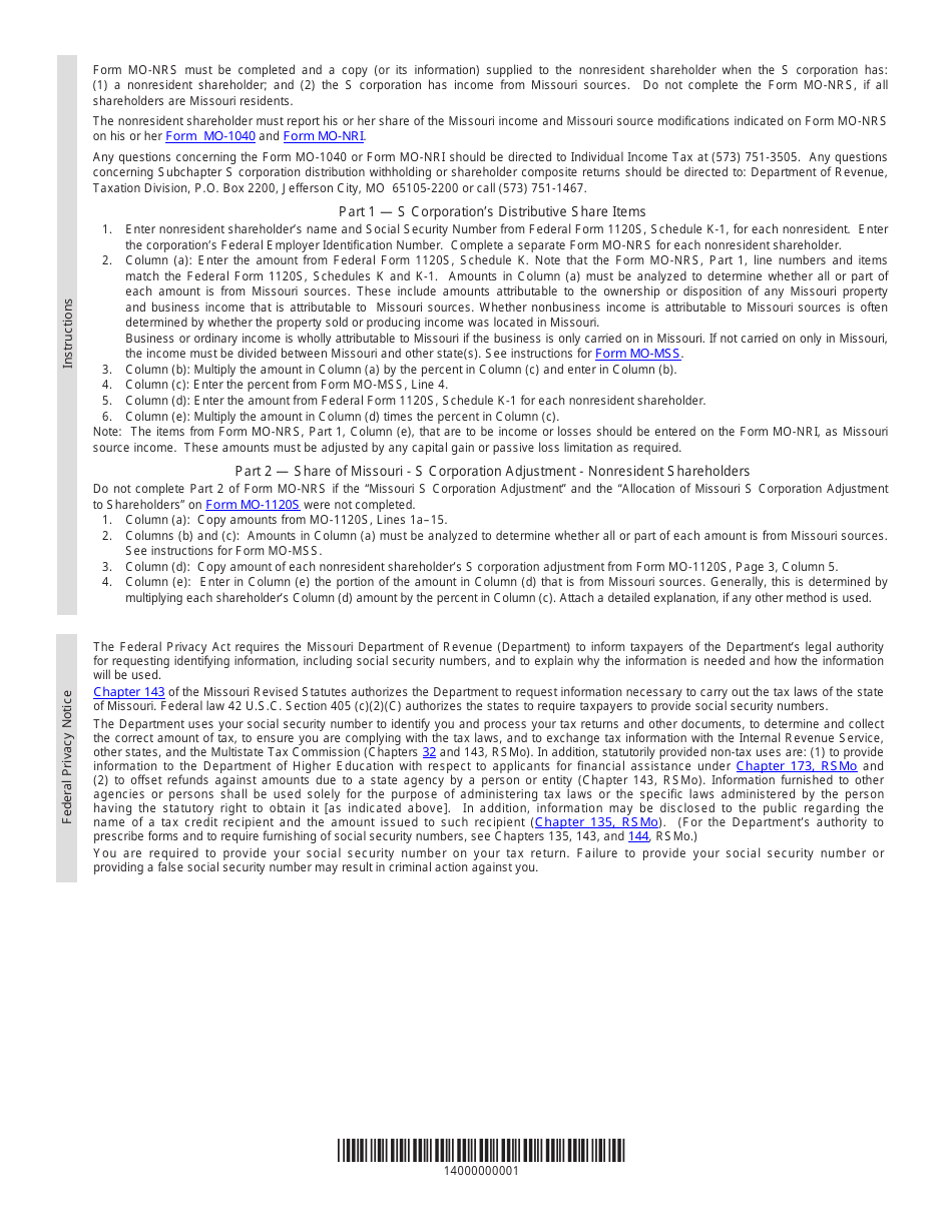 Form MO-NRS S Corporation Nonresident Form - Missouri, Page 3