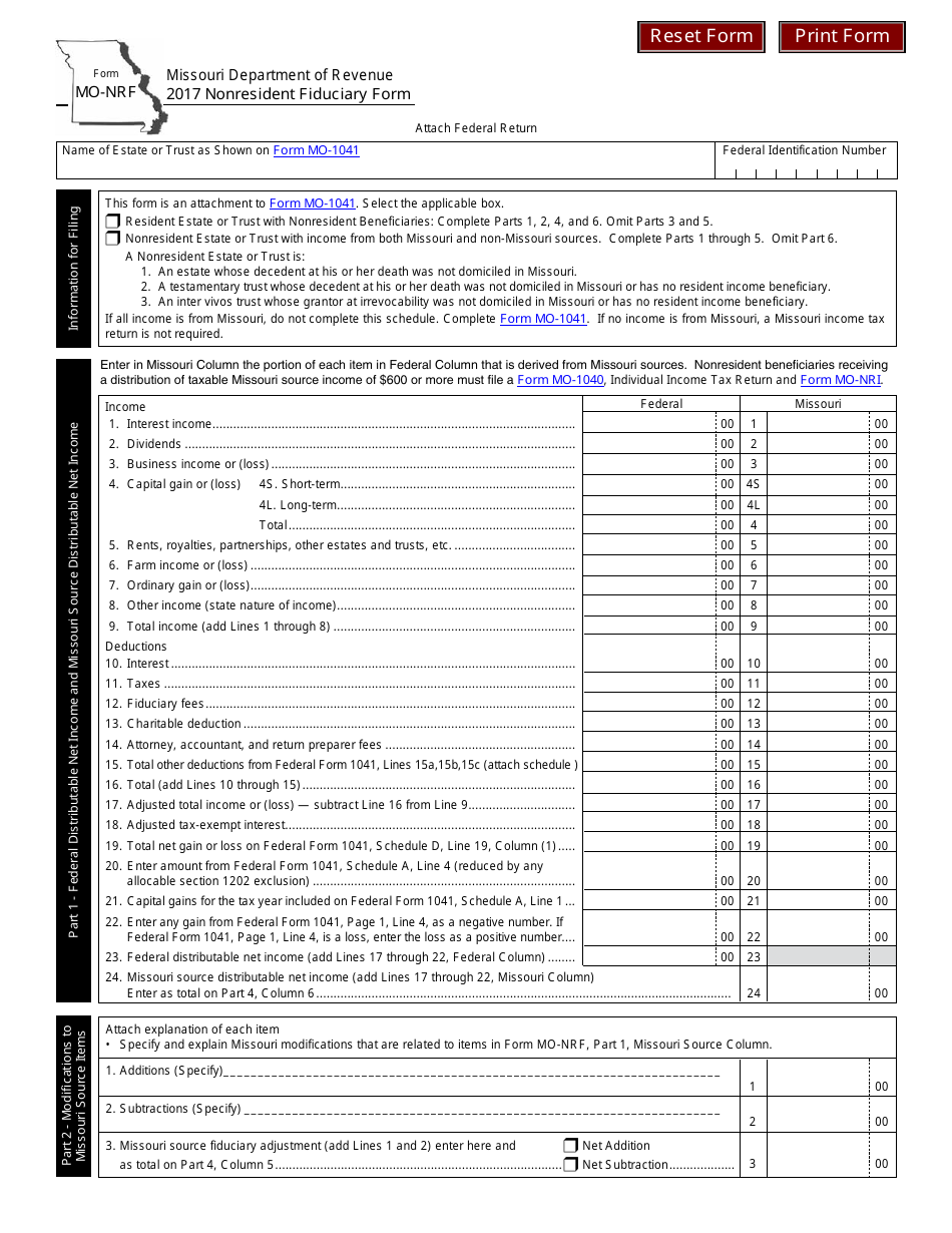 Form MO-NRF Nonresident Fiduciary Form - Missouri, Page 1