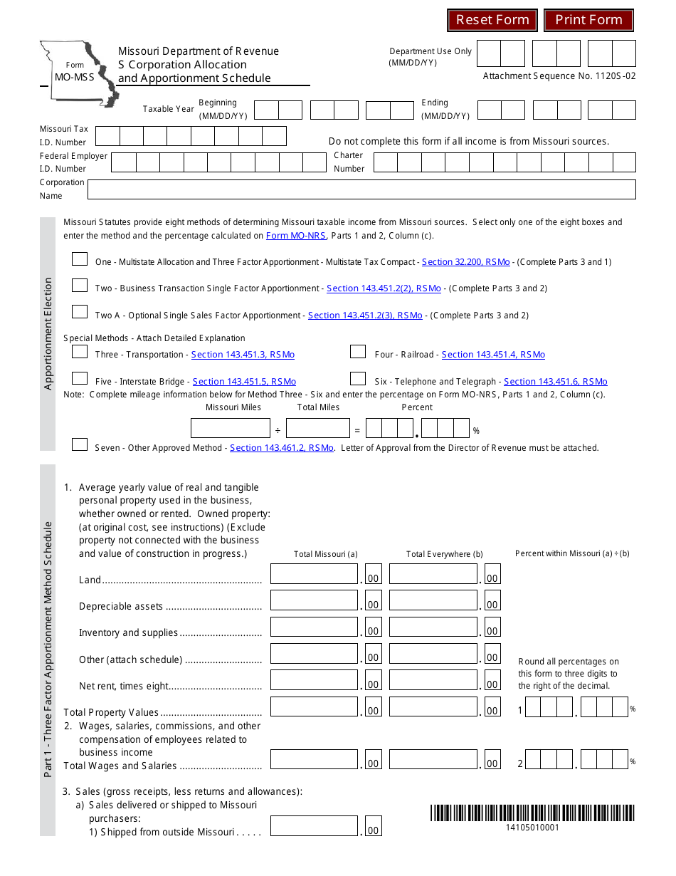 Form MO-MSS S Corporation Allocation and Apportionment Schedule - Missouri, Page 1