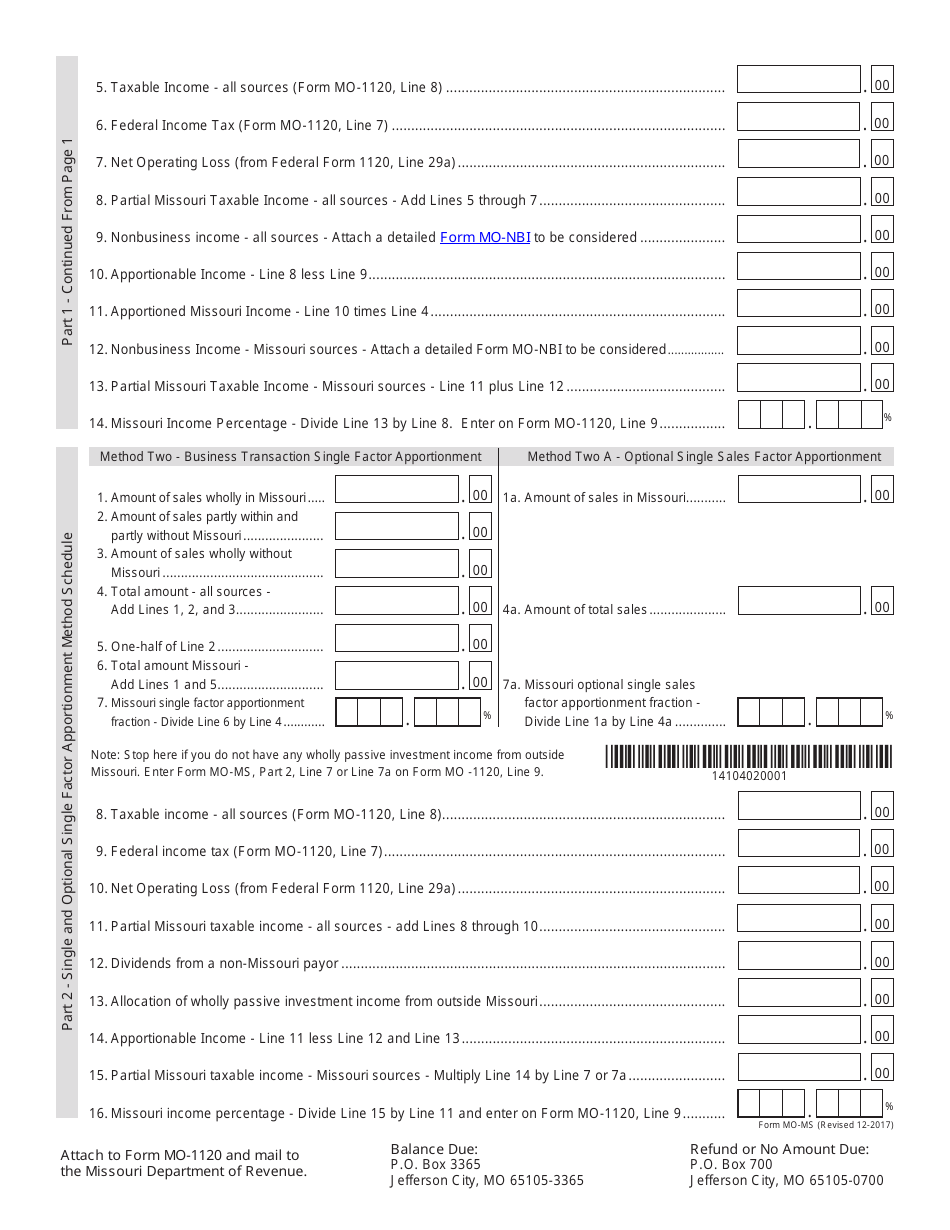 Form MO-MS Corporation Allocation and Apportionment of Income Schedule - Missouri, Page 2