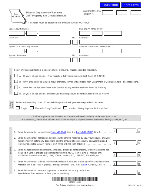 Form Mo Pts Download Fillable Pdf 2017 Property Tax Credit Schedule
