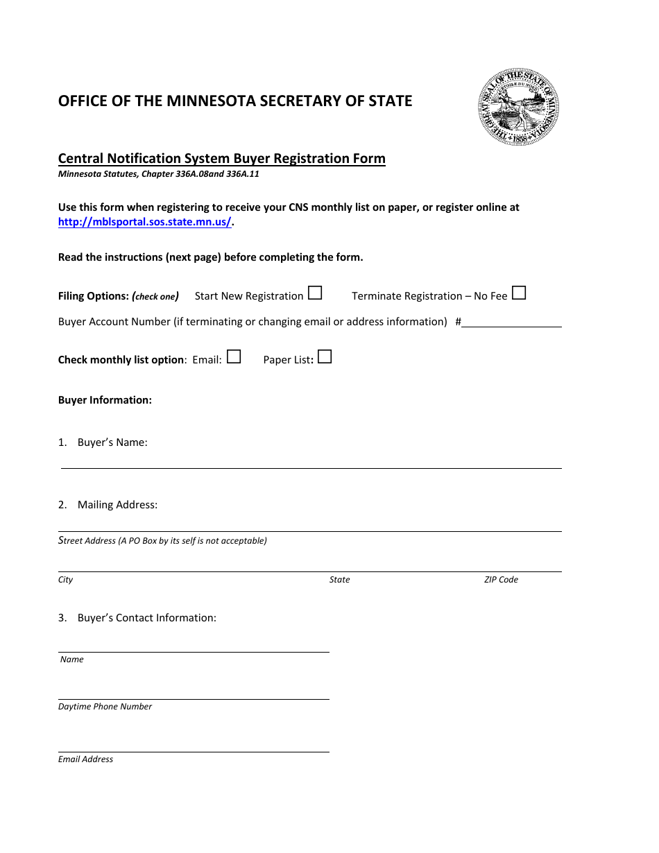 Central Notification System Buyer Registration Form - Minnesota, Page 1