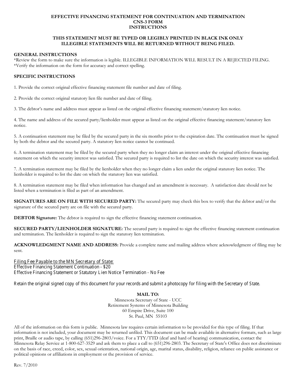 Form CNS-3 Effective Financing Statement / Statutory Lien Statement of Continuation and Termination - Minnesota, Page 2