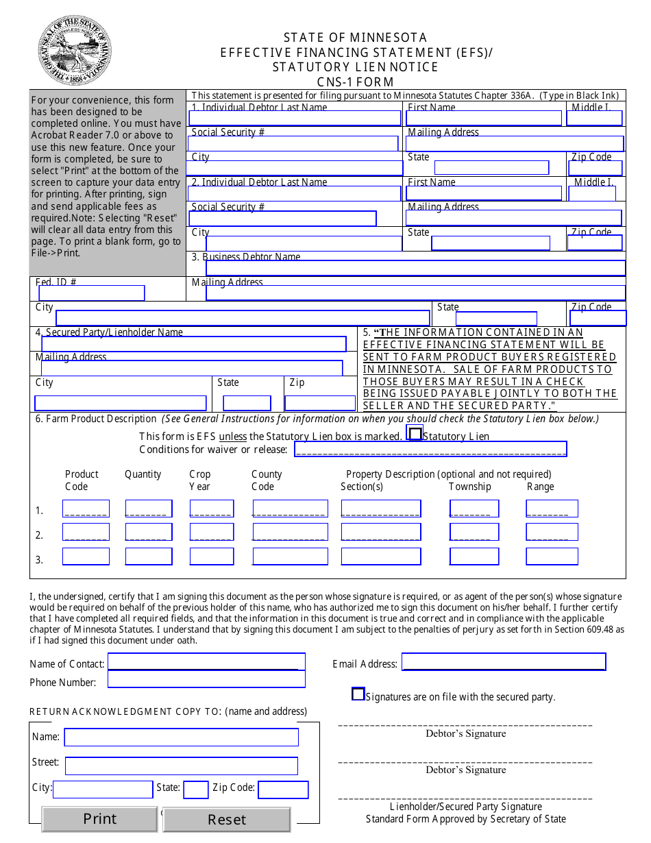 Form CNS-1 - Fill Out, Sign Online and Download Fillable PDF, Minnesota ...