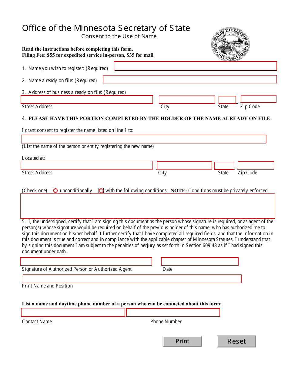 Consent to the Use of Name Form - Minnesota, Page 1
