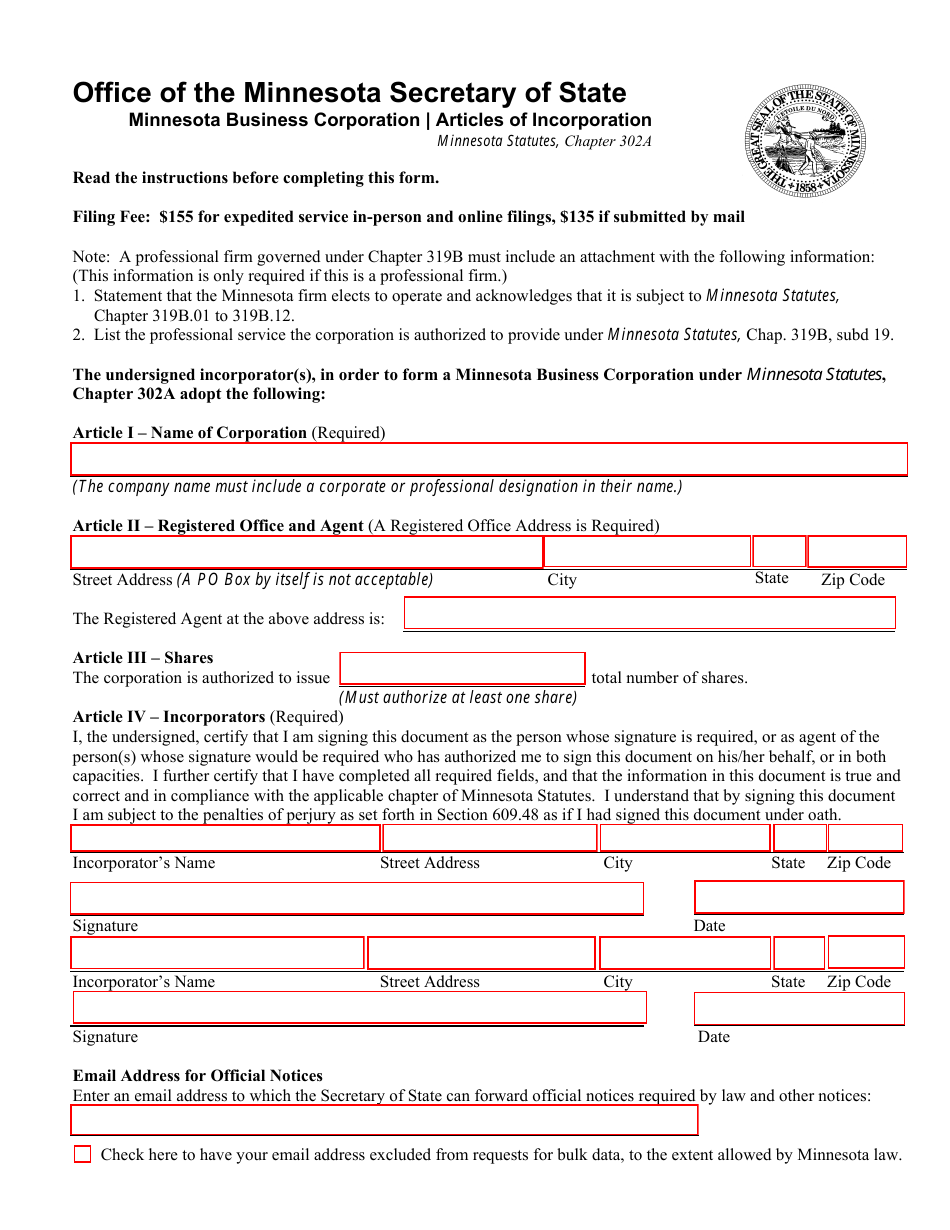 Minnesota Business Corporation - Articles of Incorporation Form - Minnesota, Page 1
