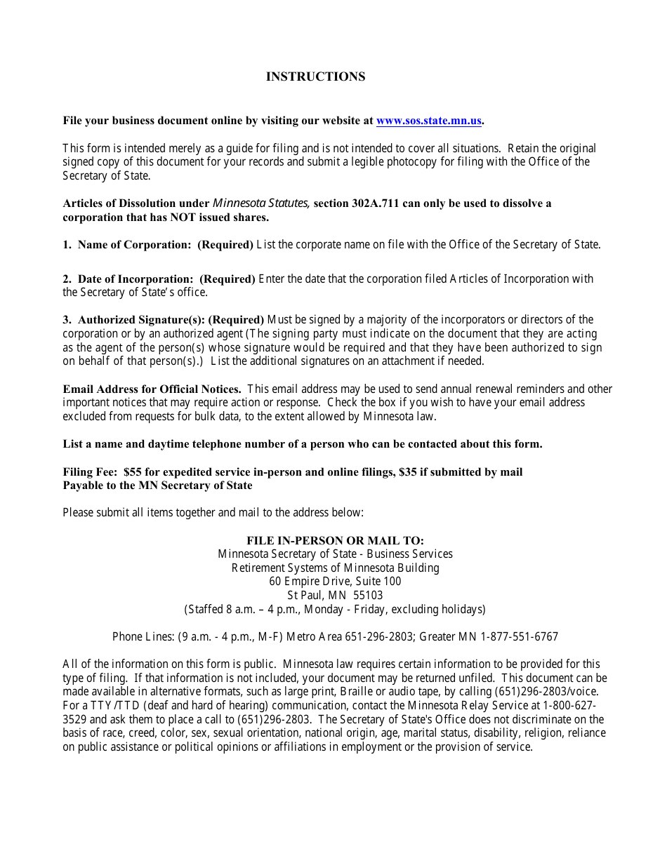 Minnesota Business Corporation Articles of Dissolution Form - Minnesota, Page 2
